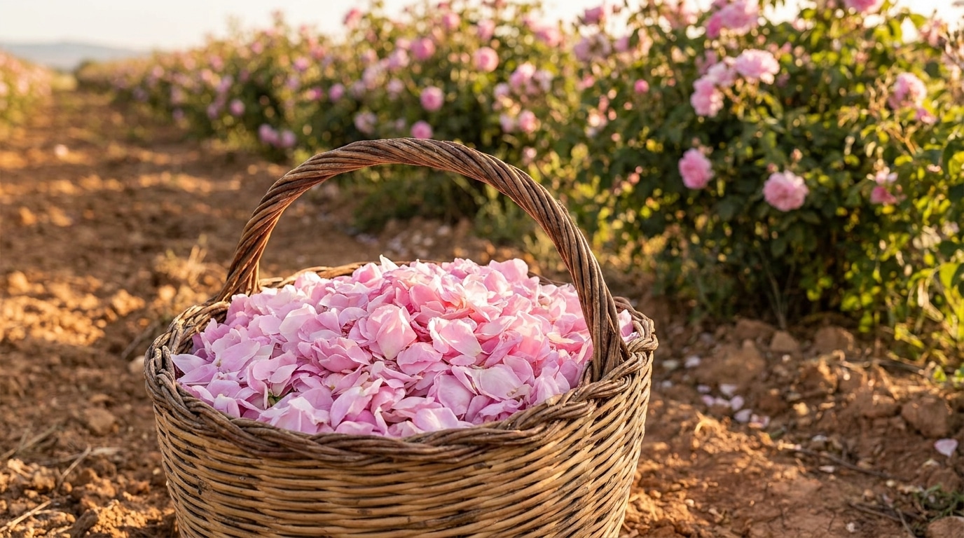 Panier de pétales de roses fraîchement récoltées sur terre provençale