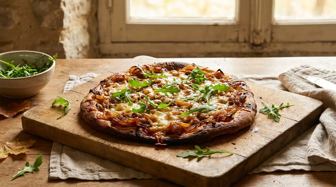 Tarte rustique aux oignons caramélisés et fromage fondu sur planche