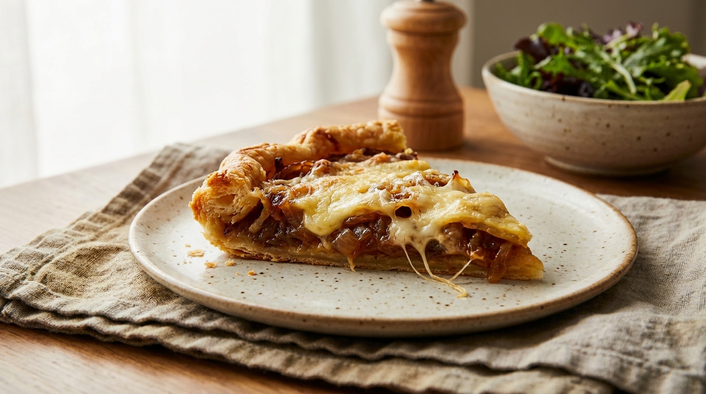 Part de tarte dorée avec oignons fondants et fromage filant