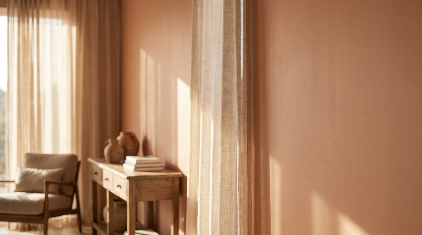 Mur de salon peint dans une teinte beige-pêche douce