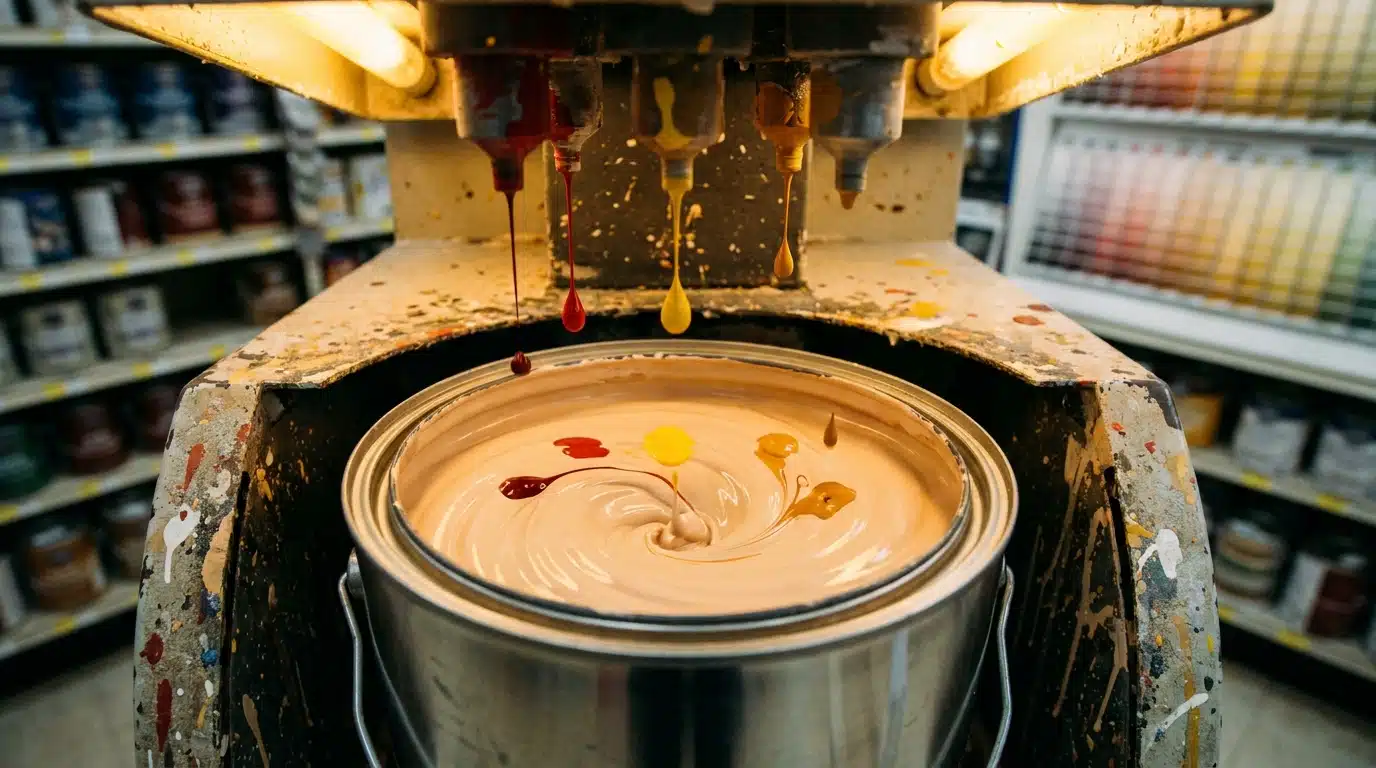 Pot de peinture beige rosé en cours de mélange en magasin