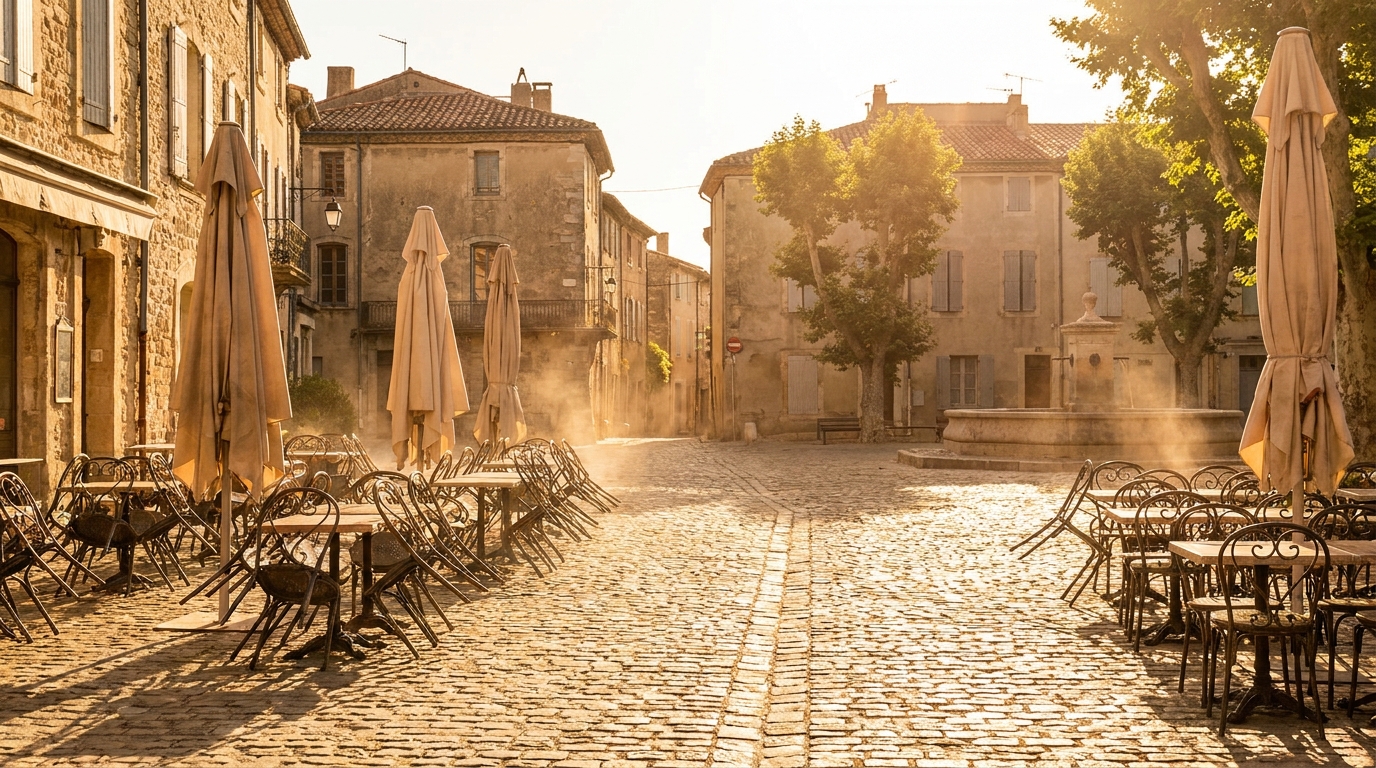 Place de village française sous une chaleur écrasante en mai