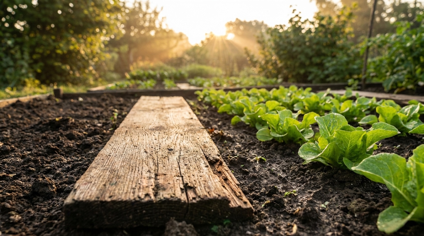 Planche de bois posée sur terre humide près de salades