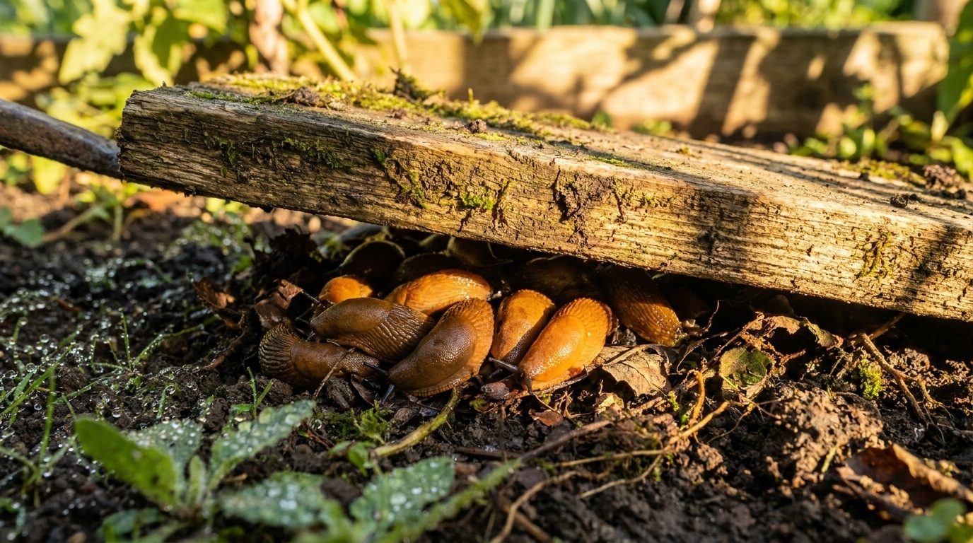 Limaces regroupées sous une planche de bois soulevée au potager
