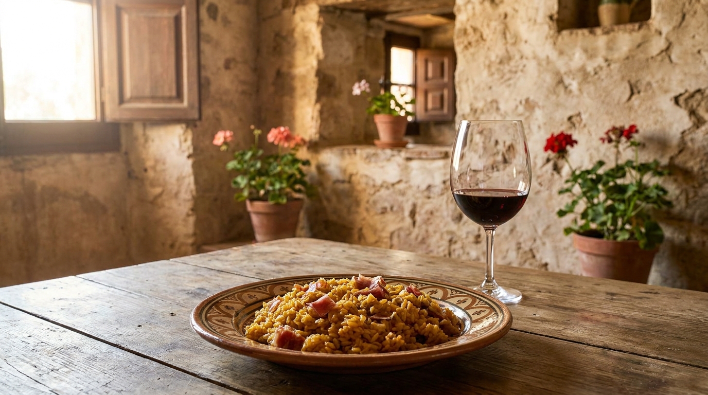 Plat de riz traditionnel espagnol avec jambon et verre de vin