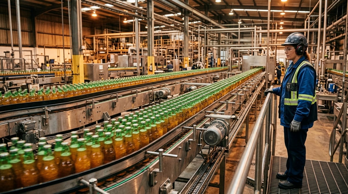 Chaîne d'embouteillage industrielle de sodas en usine