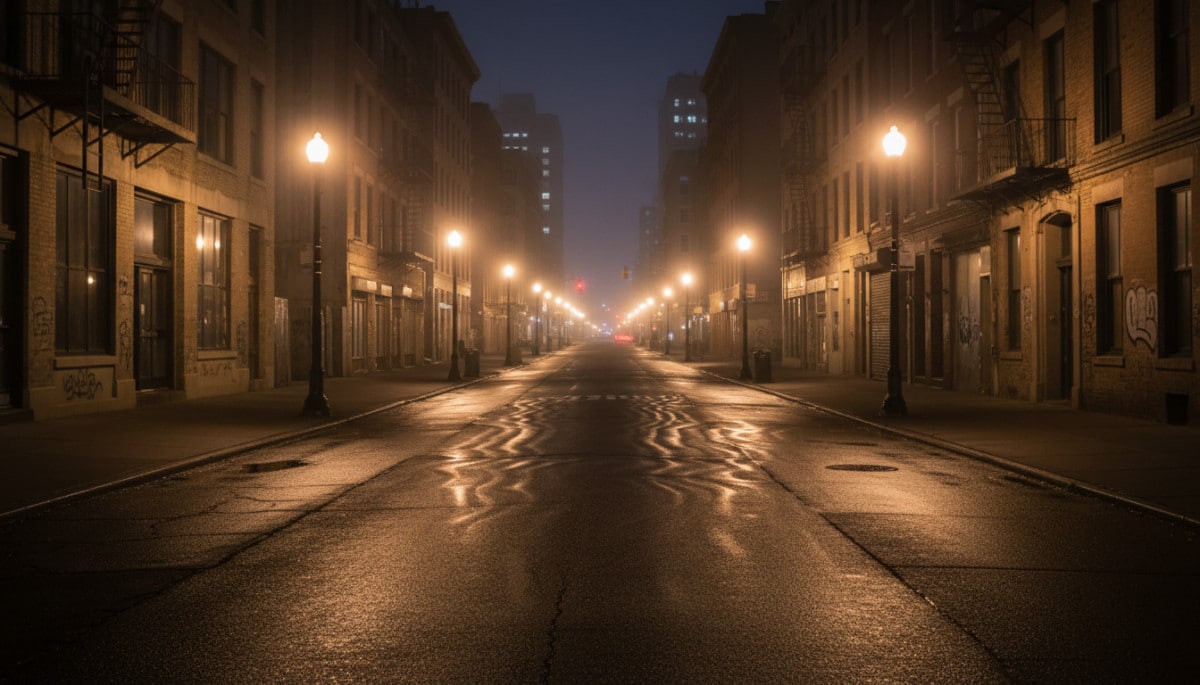 Chaleur nocturne montant de l'asphalte en ville l'été
