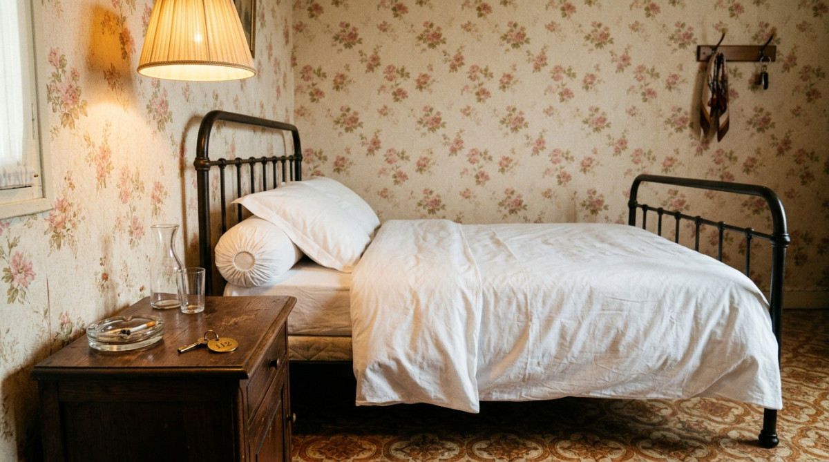 Chambre d'hôtel française des années 1960 avec papier peint fleuri et cendrier