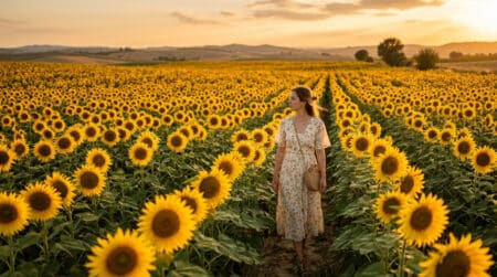Champ de tournesols tous orientés vers l'est au coucher du soleil