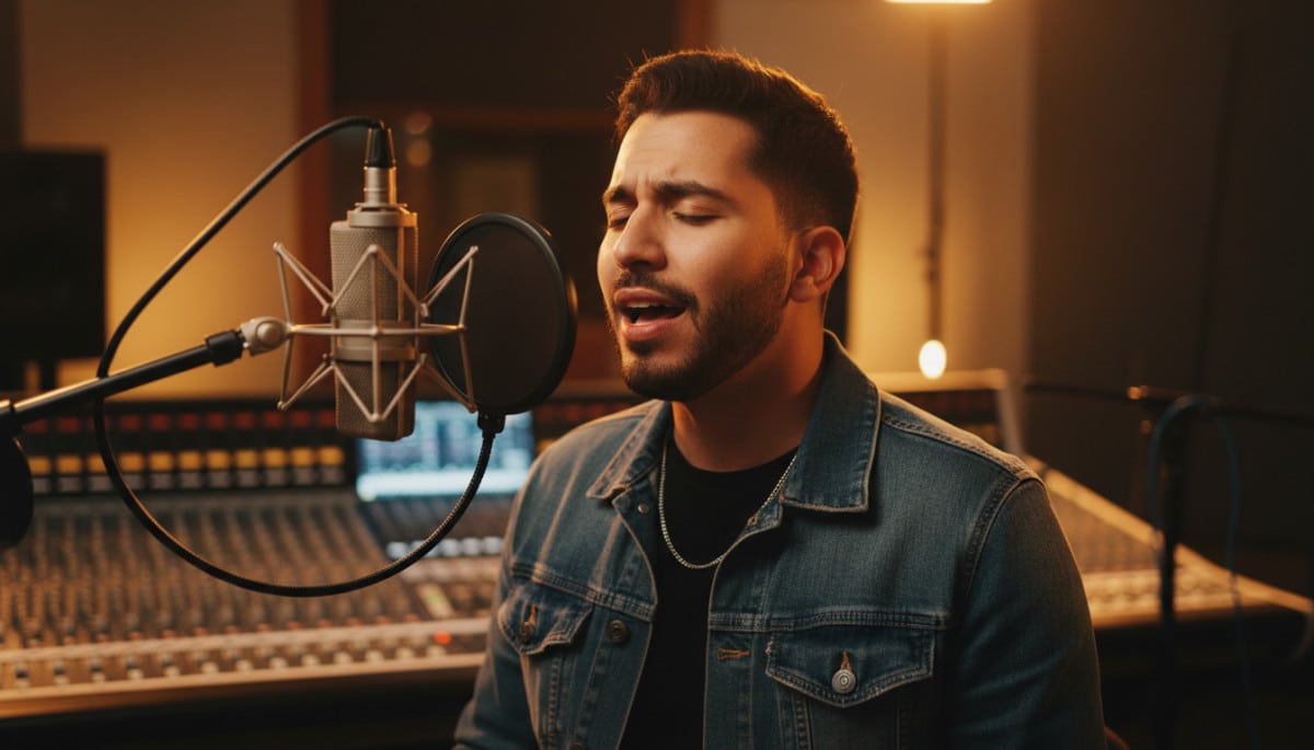 Chanteur hispanophone en pleine session d'enregistrement en studio