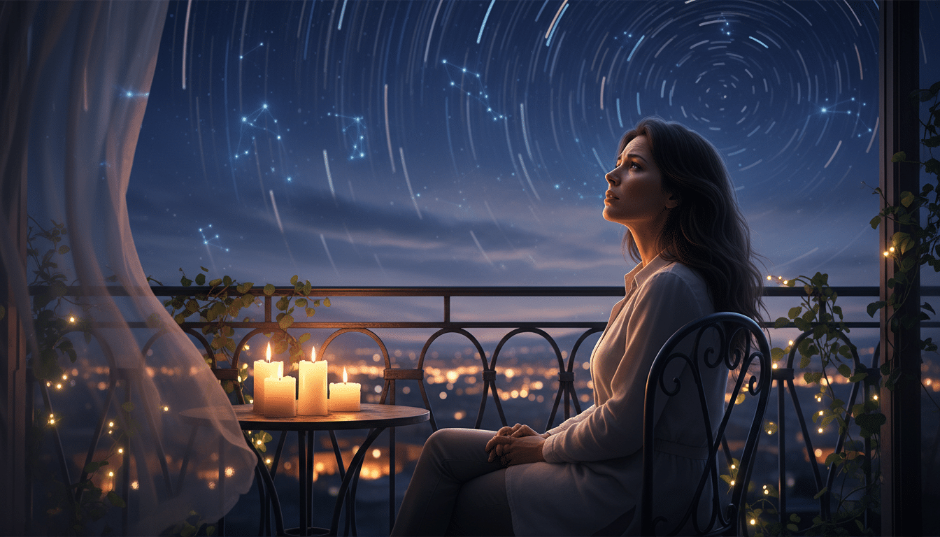 Femme pensive observant le ciel étoilé depuis un balcon