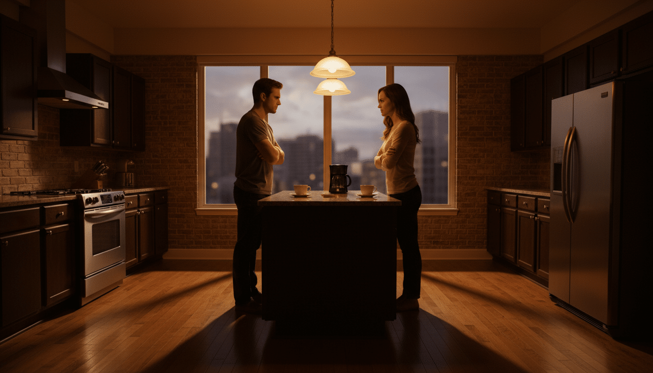 Couple en tension dans une cuisine éclairée chaleureusement