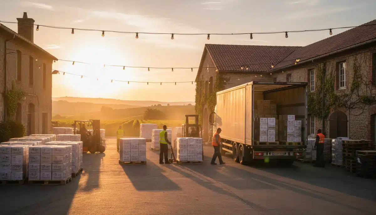 Chargement de caisses de vin sur camion de livraison