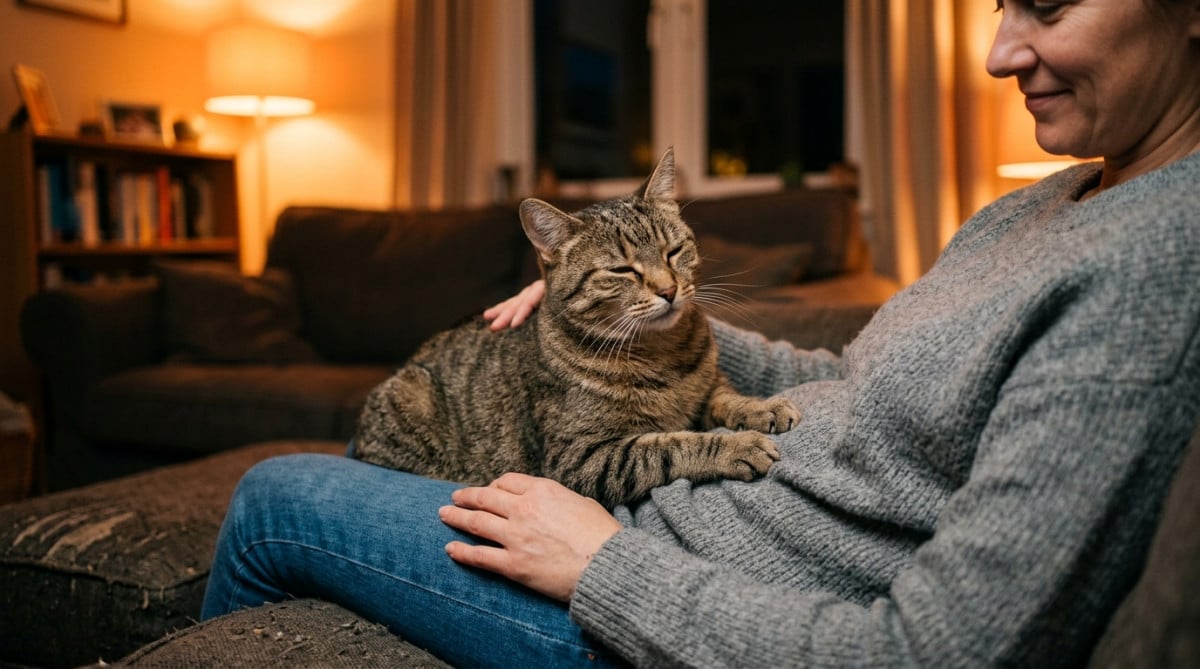 Chat adulte pétrissant les genoux de son propriétaire