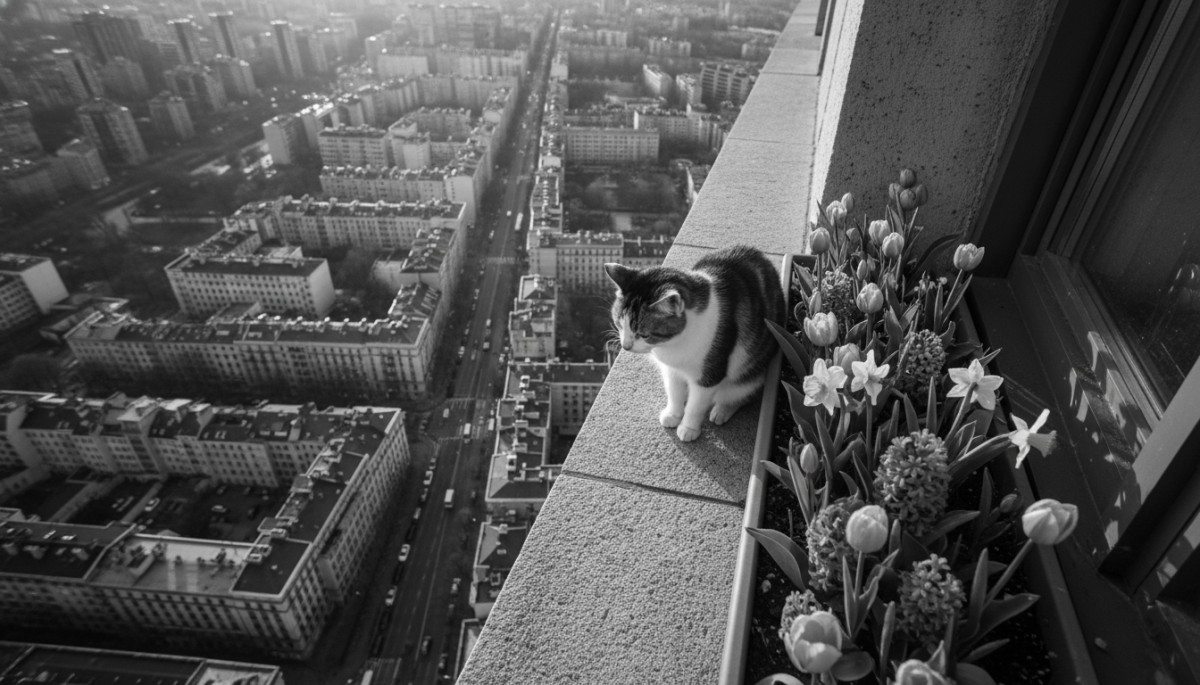 Chat assis sur le rebord d'une fenêtre en hauteur au printemps
