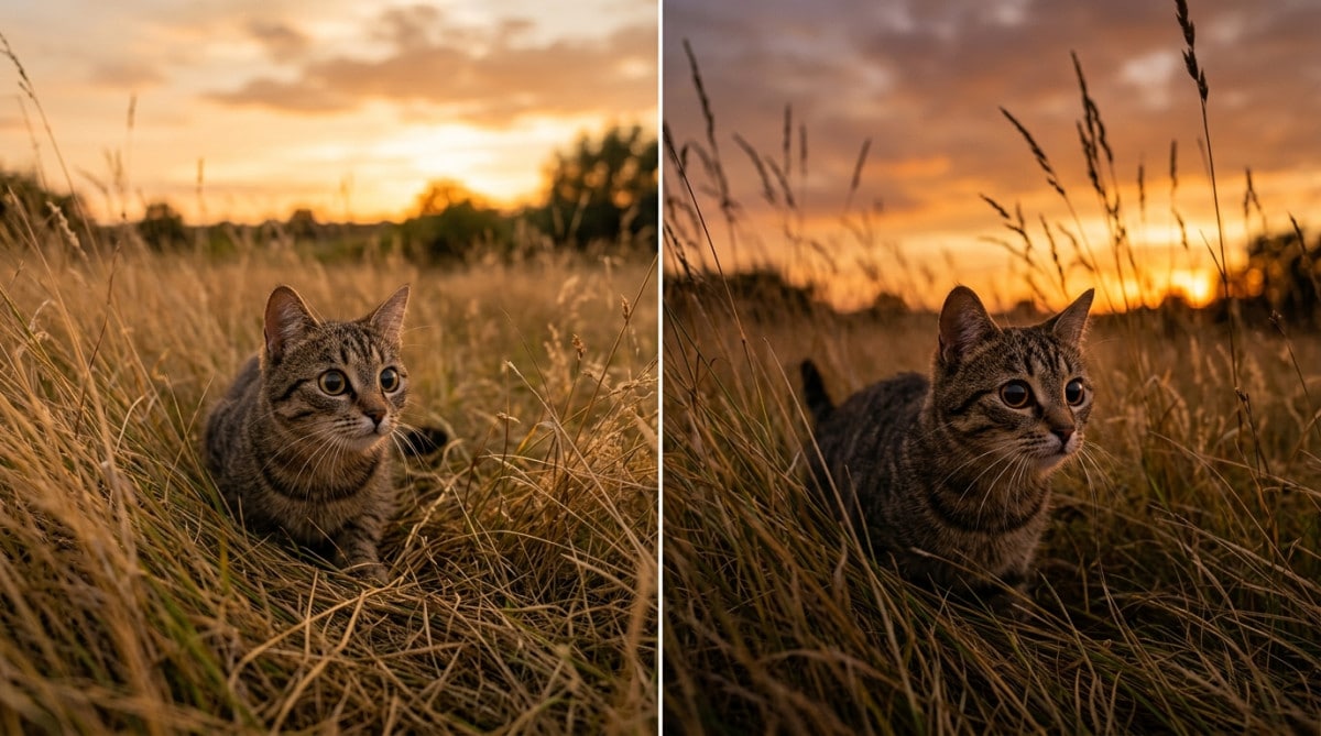 Chat aux pupilles dilatées tapi dans les herbes au crépuscule