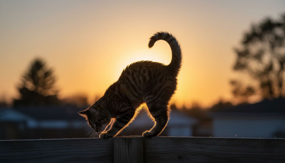 Chat en équilibre montrant la flexibilité de sa colonne vertébrale
