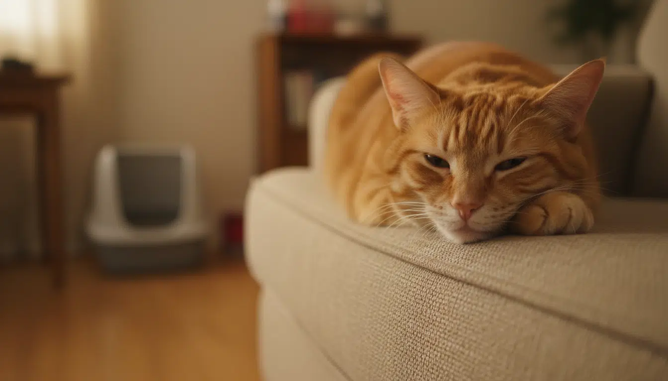 Chat mâle roux allongé sur un canapé, air fatigué