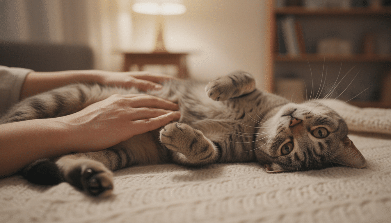 Main posée sur le ventre d'un chat gris pour palpation