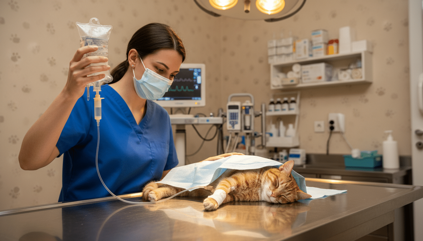 Vétérinaire soignant un chat sous perfusion en clinique