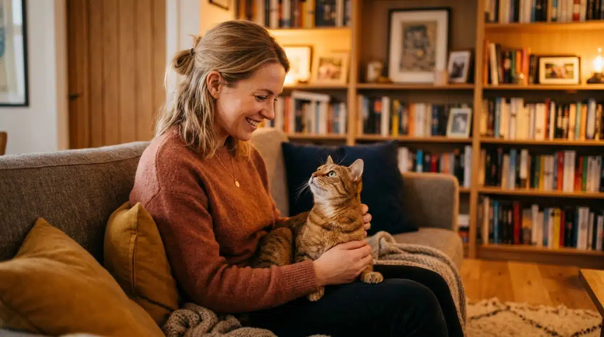 Chat regardant son propriétaire avec insistance sur un canapé