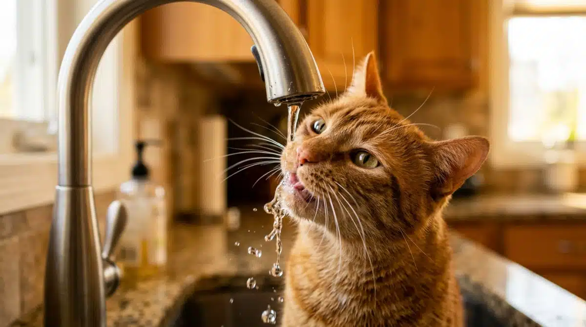 Chat roux buvant au robinet de la cuisine