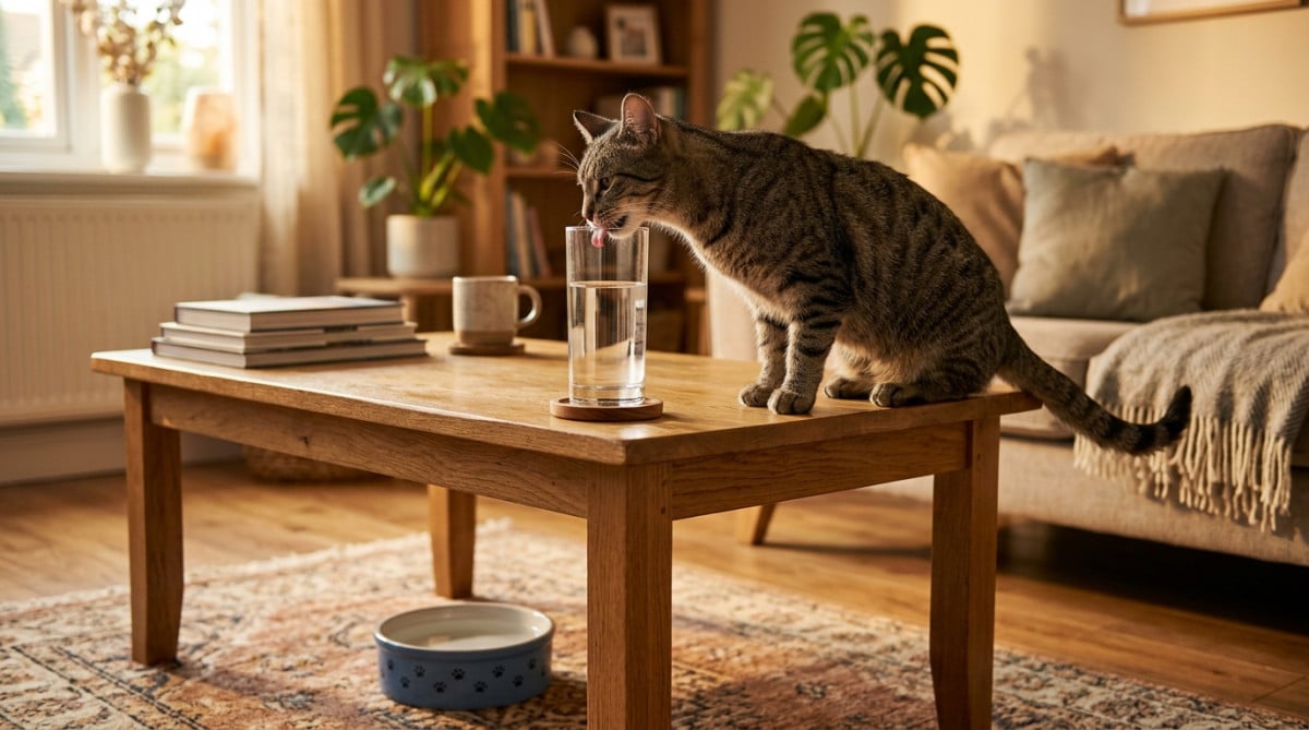 Chat tigré buvant dans un verre plutôt que sa gamelle