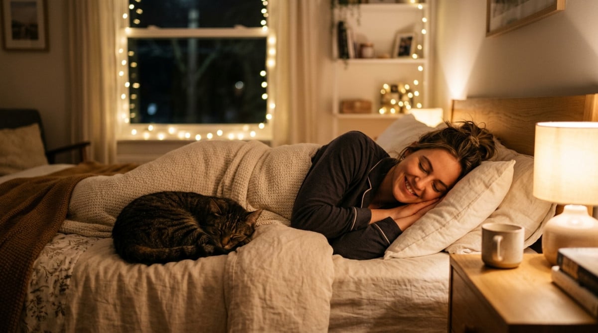 Chat tigré dormant sur un oreiller à côté de son propriétaire
