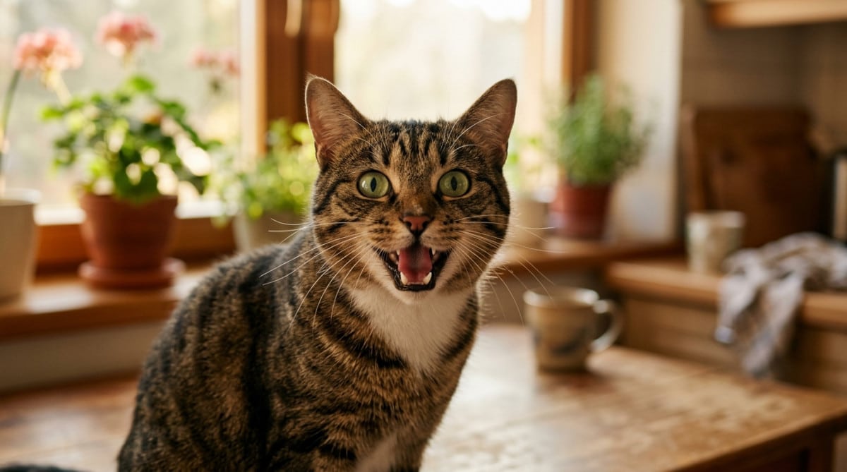 Chat tigré miaulant en regardant la caméra