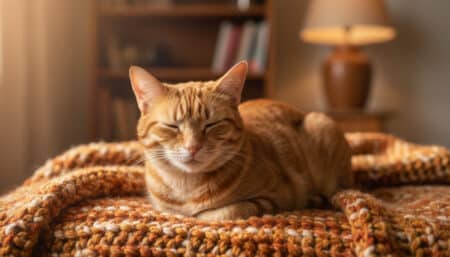 Chat tigré qui ronronne sur une couverture chaude