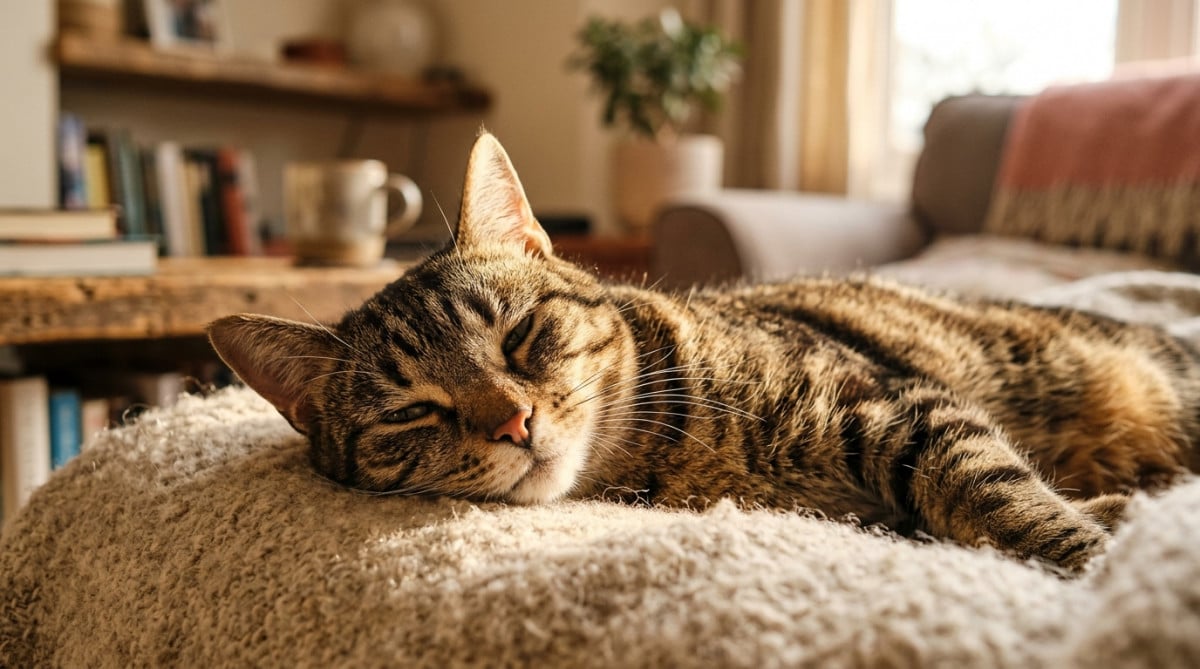 Chat tigré ronronnant les yeux mi-clos dans une lumière dorée