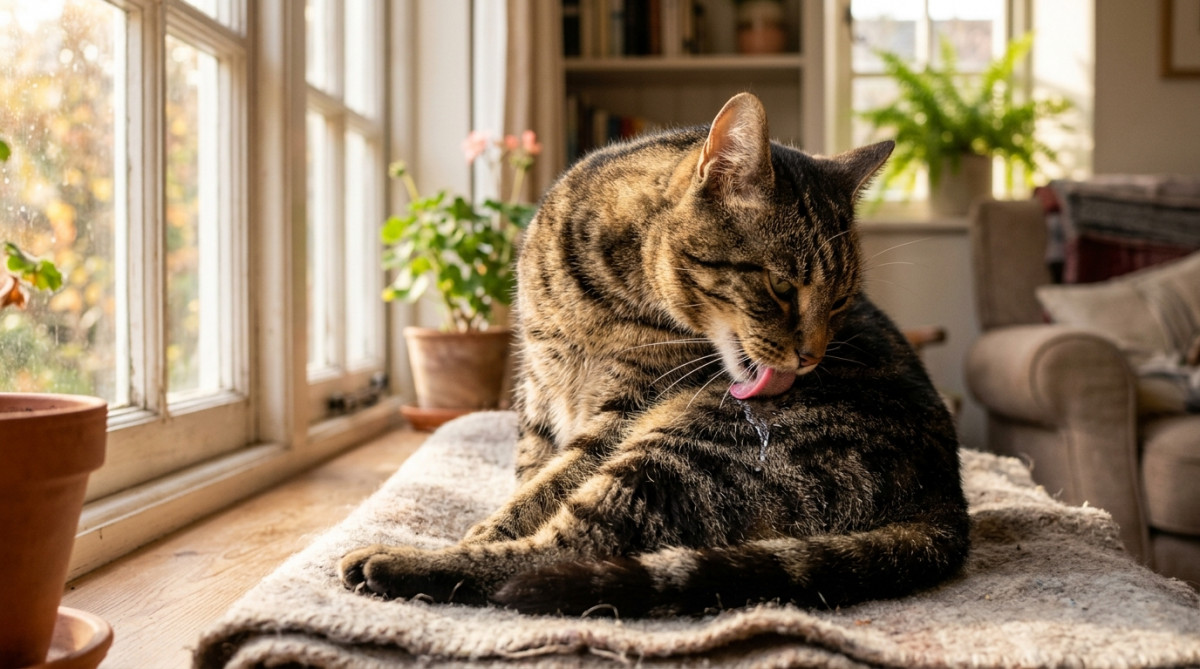 Chat tigré se toilettant avec sa langue