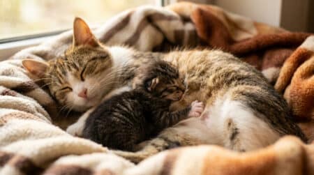 Chaton nouveau-né pétrissant le ventre de sa mère