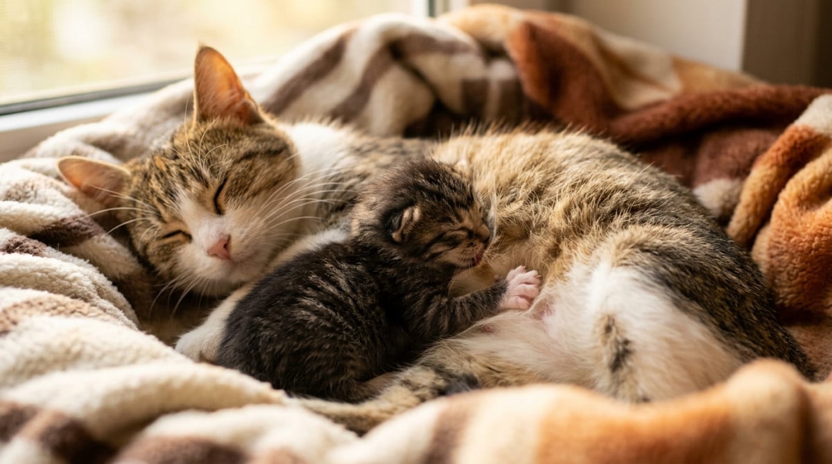 Chaton nouveau-né pétrissant le ventre de sa mère