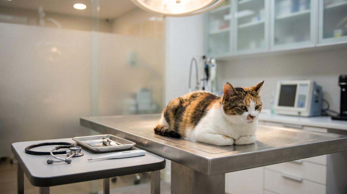 Chat calme sur une table de consultation vétérinaire