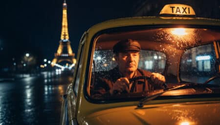 Chauffeur de taxi parisien avec lumière verte sur le toit