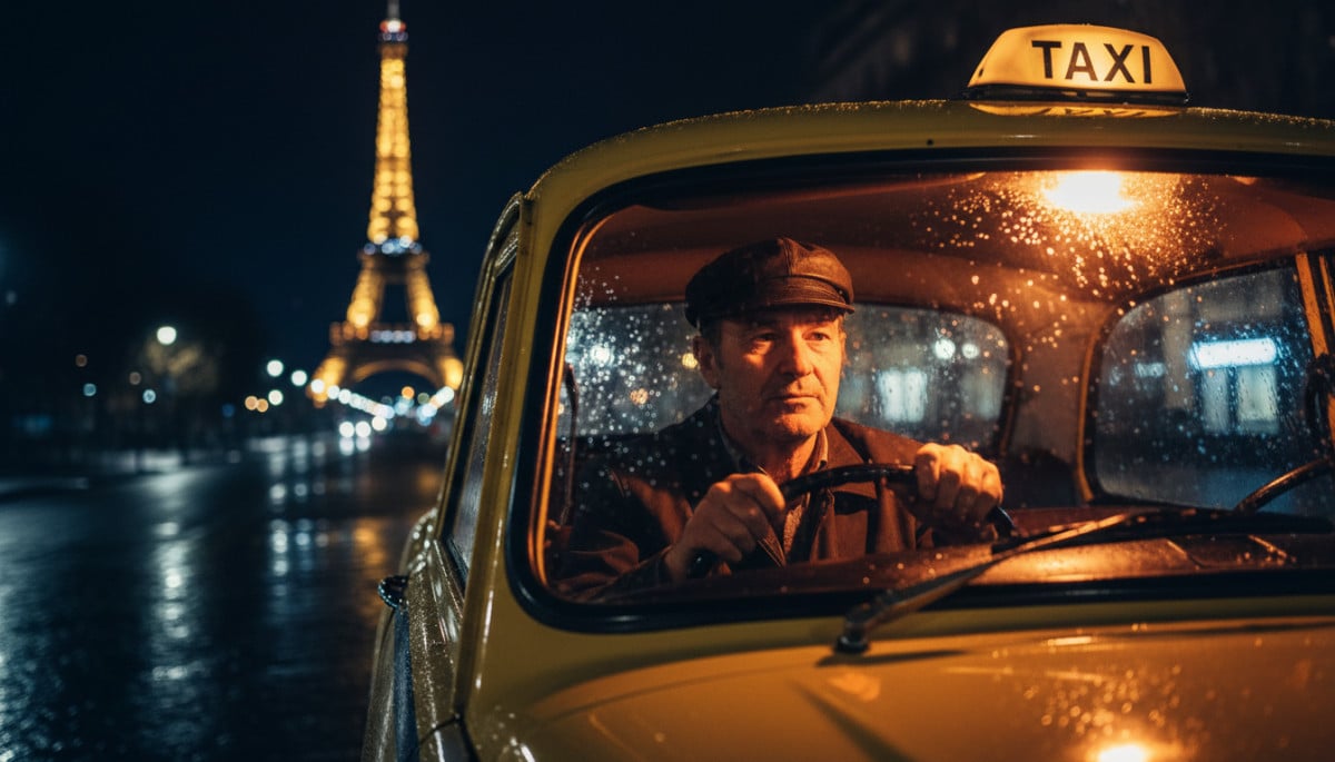 Chauffeur de taxi parisien avec lumière verte sur le toit