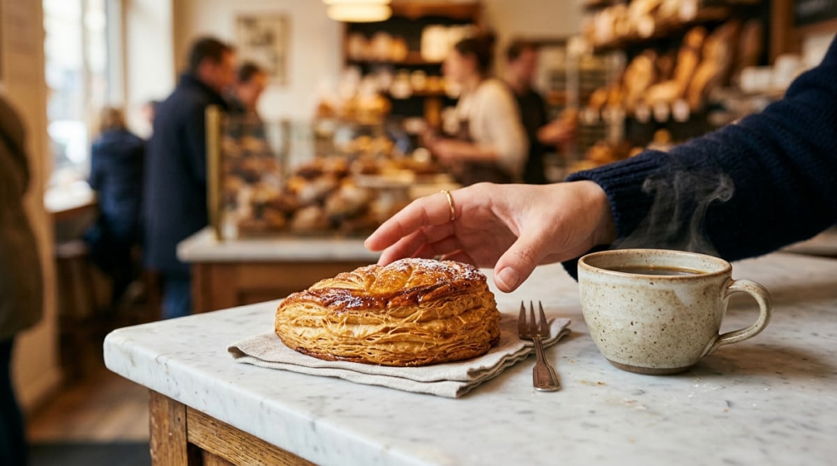 Chausson aux pommes doré posé sur un comptoir de boulangerie