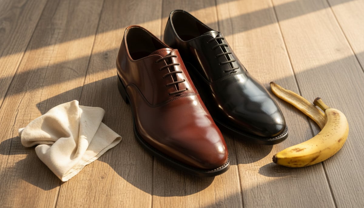 Chaussures en cuir brillantes après astuce peau de banane