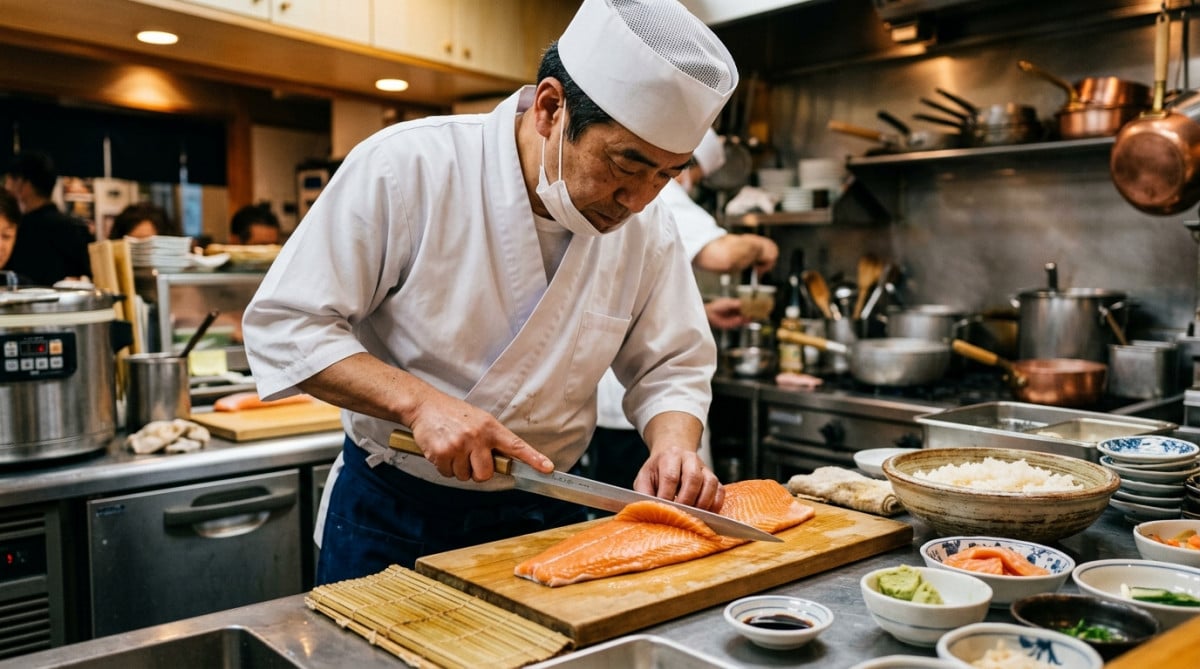 Chef sushi découpant un filet de saumon en cuisine