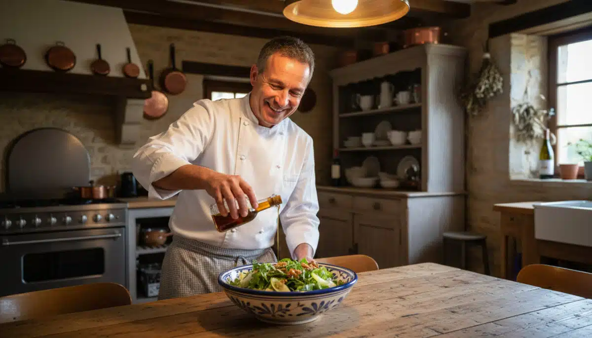 Chef versant de l'huile de noix sur une salade