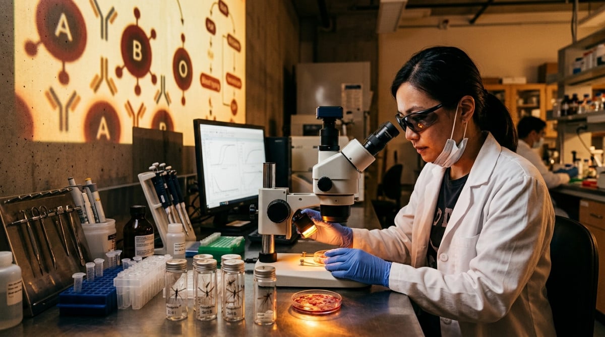 Chercheur analysant les groupes sanguins et l'attraction des moustiques