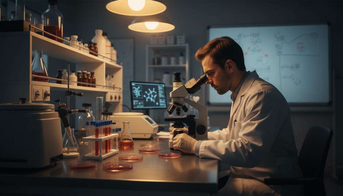Chercheur en médecine légale analysant des échantillons au microscope