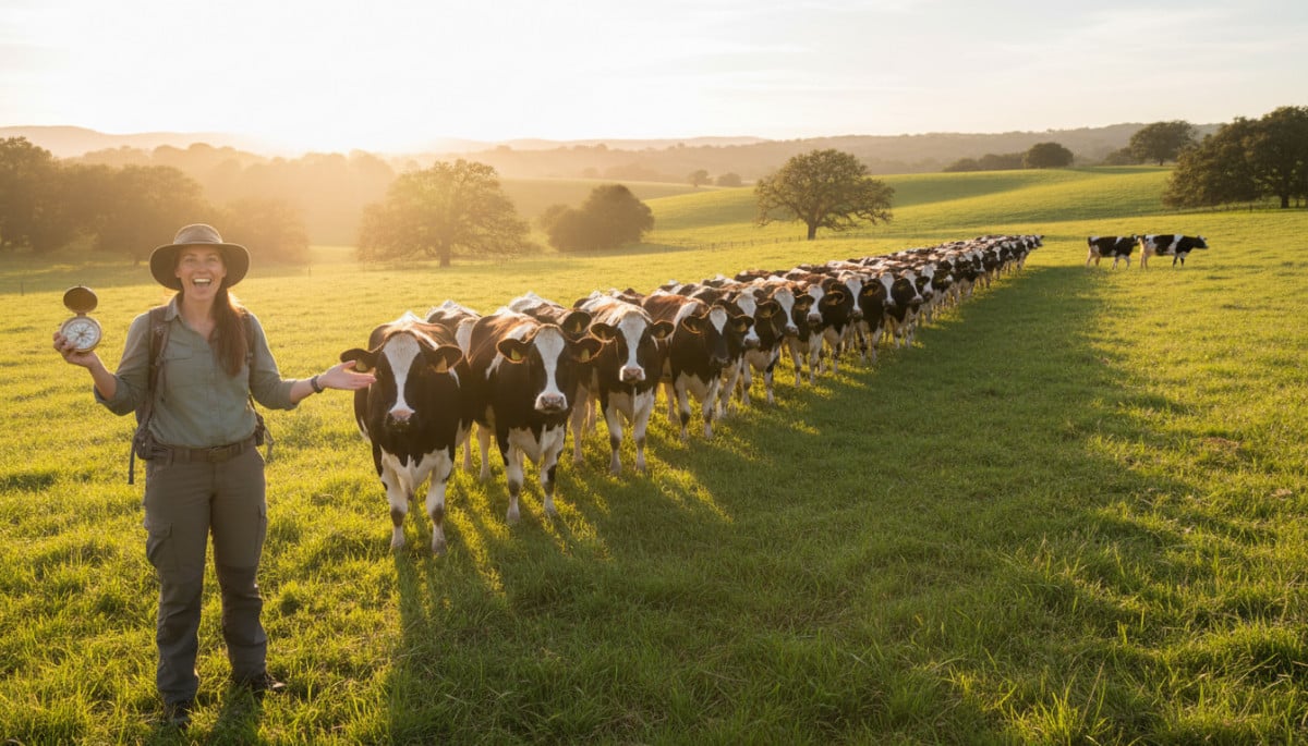 Chercheur observant des vaches alignées avec une boussole