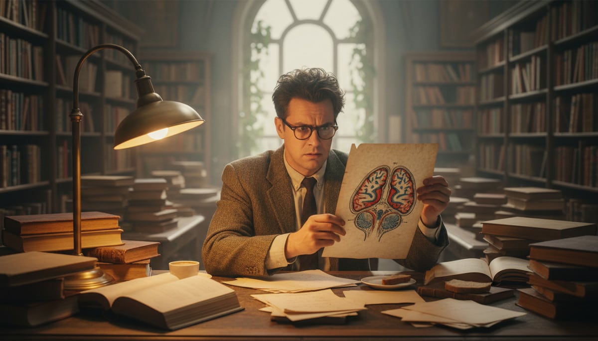 Chercheur vintage étudiant une illustration anatomique du cerveau