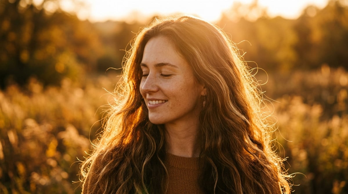 Cheveux illuminés par la lumière dorée du soleil