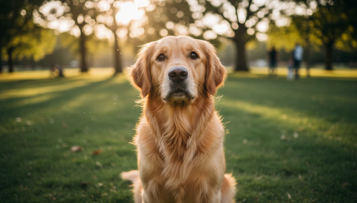 Chien golden retriever regardant intensément son maître