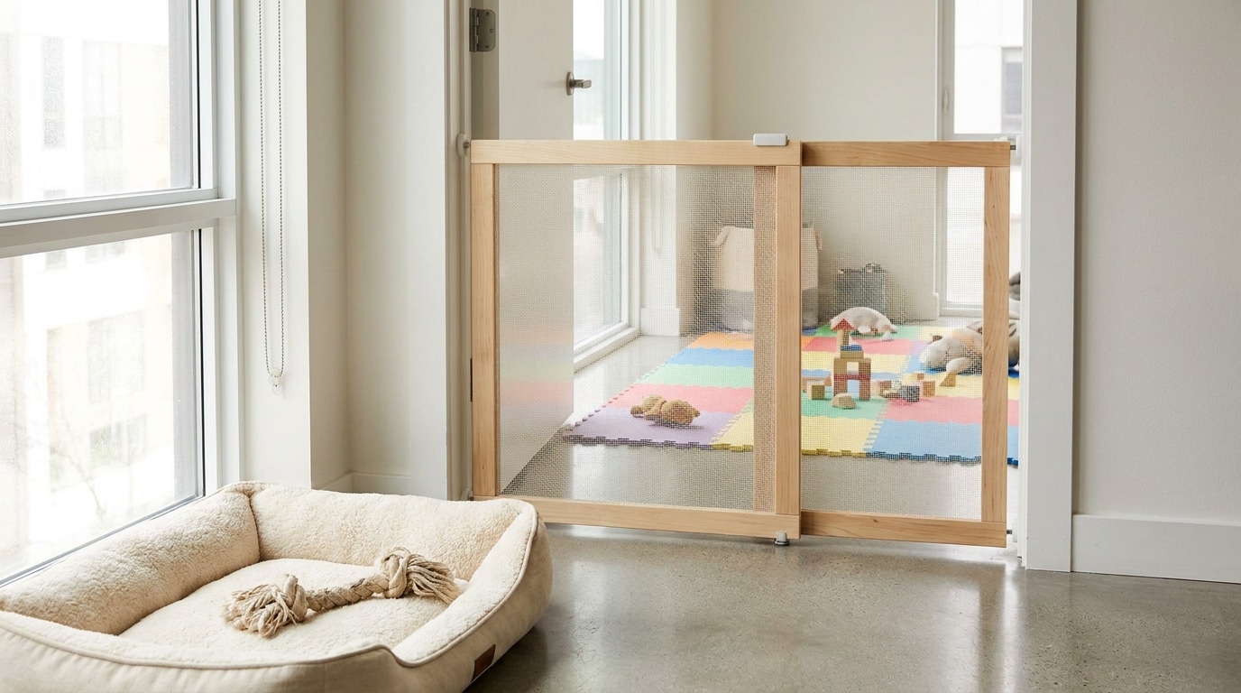 Barrière de sécurité séparant espace chien et espace enfant