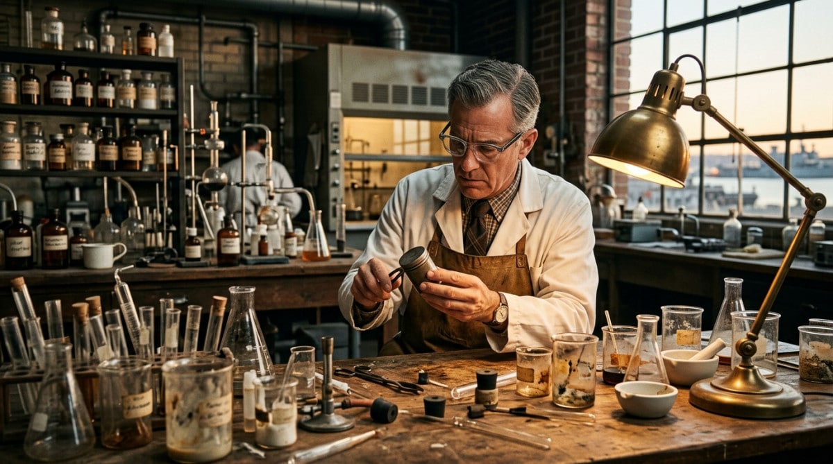 Chimiste dans un laboratoire des années 1950 à San Diego