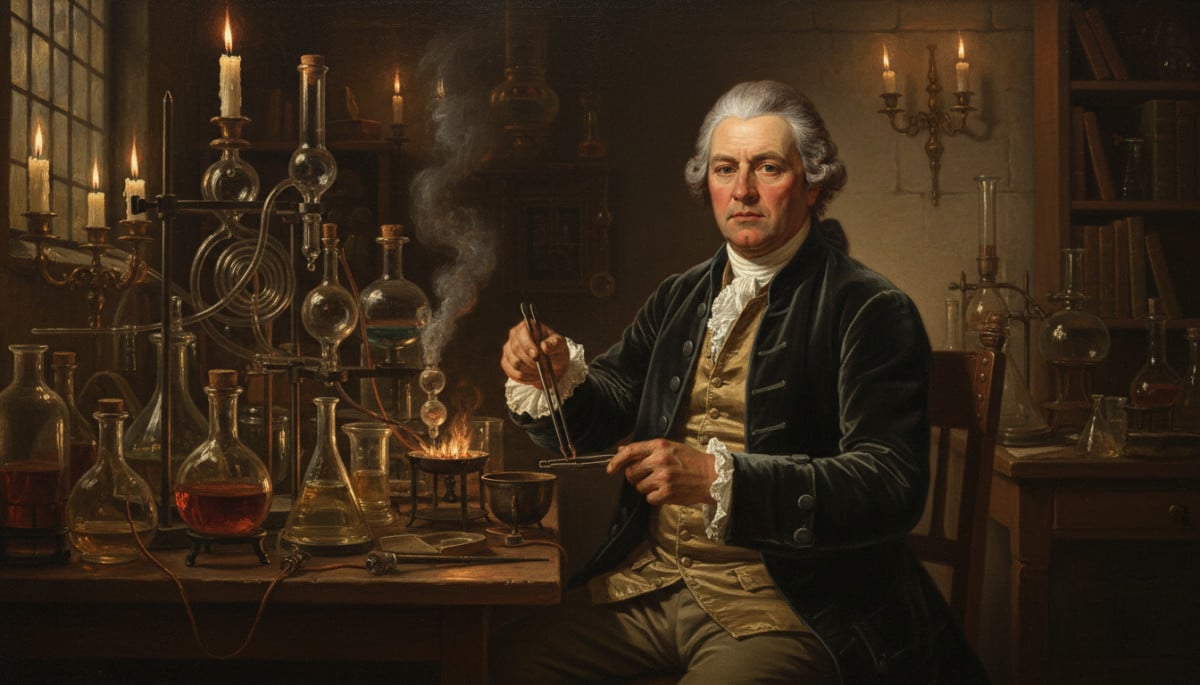 Chimiste français du XVIIIe siècle dans son laboratoire à la bougie